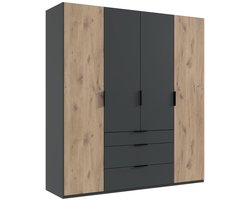 Kledingkast Almera - Spaanplaat - Grafiet/Eiken - 200x216x58 cm (BxHxD) - Draaideuren - 3 Lades