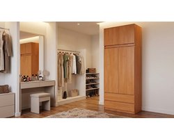 Kledingkast Arqam 90x234x51 cm – Hoge Garderobekast met 4 Deuren & 2 Laden – 6 Planken + Kledingroede – Ruime Slaapkamer / Hal Opbergkast – Elzenhout Look Modern Design – Eenvoudige Montage