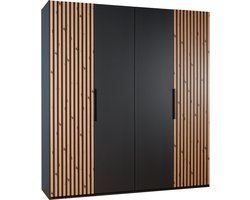 Kledingkast Bakel - Spaanplaat - Zwart - 200x216x58 cm (BxHxD) - Draaideurkast - Deur met 3D verticale houtlook lamellen