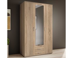 Kledingkast Daniela 120cm met 3 deuren 2 lades & spiegel - eik - Bega Polpower - Kledingkast - Bruin - Spiegel; Spaanplaat