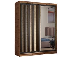 Kledingkast Dora met lamellen en spiegel 100 cm inclusief 2 schuifdeuren Hangende deurkast (kleur: artisan, zwart, lamellen artisan)