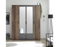 Kledingkast Ellis 160cm met 4 deuren 2 lades & spiegel - old style/beton - Emob - Slaapkamerkasten - Bruin - Spiegel; Spaanplaat - Slaapkamerkasten - Op voorraad