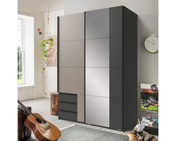 Kledingkast Elsen - Schuifdeurkast - 135x198x64 cm (BxHxD) - Grafiet / Taupe - Spaanplaat - Drie lades - Spiegeldeur