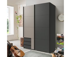 Kledingkast Elsen - Schuifdeurkast met 3 lades - 135x198x64 cm (BxHxD) - Grafiet / Taupe - Spaanplaat