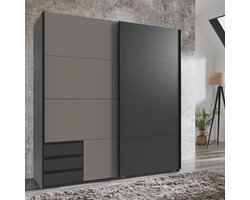 Kledingkast Elsen - Schuifdeurkast met 3 lades - 179x198x64 cm (BxHxD) - Grafiet / Taupe - Spaanplaat