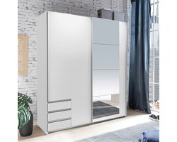 Kledingkast Elsen - Spaanplaat - Wit - 179x198x64 cm (BxHxD) - Schuifdeuren - 3 Laden - Spiegel - Inclusief Roedes en Planken