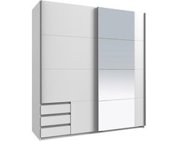 Kledingkast Elsen - Spaanplaat - Wit - 179x198x64 cm (BxHxD) - Schuifdeuren - 3 Laden - Spiegel - Inclusief Roedes en Planken