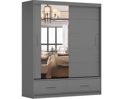 Kledingkast FLIX 150 cm - 2-deurs schuifdeurkast met lades en decoratieve latten - Garderobekast voor slaapkamer (Grijs)