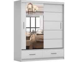 Kledingkast FLIX 150 cm - 2-deurs schuifdeurkast met lades en decoratieve latten - Garderobekast voor slaapkamer (Wit)