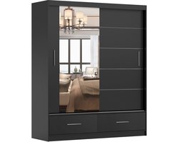 Kledingkast FLIX 150 cm - 2-deurs schuifdeurkast met lades en decoratieve latten - Garderobekast voor slaapkamer (Zwart)