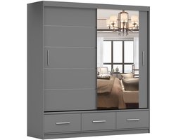 Kledingkast FLIX 200 cm - 2-deurs schuifdeurkast met lades en sierlijke spijlen - Moderne garderobekast voor slaapkamer (Grijs)
