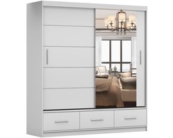Kledingkast FLIX 200 cm - 2-deurs schuifdeurkast met lades en sierlijke spijlen - Moderne garderobekast voor slaapkamer (Wit)