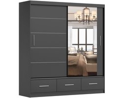 Kledingkast FLIX 200 cm - 2-deurs schuifdeurkast met lades en sierlijke spijlen - Moderne garderobekast voor slaapkamer (Zwart)