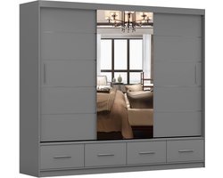 Kledingkast FLIX 250 cm - 3-deurs schuifdeurkast met lades en decoratieve spijlen - Ruime garderobekast met schuifdeuren voor slaapkamer (Grijs)