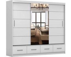 Kledingkast FLIX 250 cm - 3-deurs schuifdeurkast met lades en decoratieve spijlen - Ruime garderobekast met schuifdeuren voor slaapkamer (Wit)