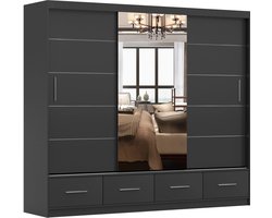 Kledingkast FLIX 250 cm - 3-deurs schuifdeurkast met lades en decoratieve spijlen - Ruime garderobekast met schuifdeuren voor slaapkamer (Zwart)
