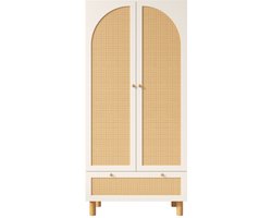 Kledingkast Garderobekast 2 Deuren Met Rattan Landhuisstijl Wit Grote Lade Verstelbare Planken En Kledingstang Inclusief Kantelbeveiliging 85x52x180cm