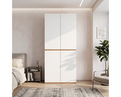 Kledingkast Garderobekast met Sieradenlade, 90 x 50 x 200 cm, met 4 Deuren, 1 Kledingroede en 2 Lades, moderne Hoge kast voor Slaapkamer, Hal, Kinderkamer of Kantoor, Eiken/Wit