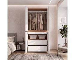 Kledingkast Garderobekast met Sieradenlade, 90 x 50 x 200 cm, met 4 Deuren, 1 Kledingroede en 2 Lades, moderne Hoge kast voor Slaapkamer, Hal, Kinderkamer of Kantoor, Eiken/Wit