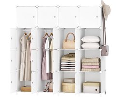Kledingkast, garderobekast, modulaire kunststof kast met 20 kubussen, steekreksysteem met deuren en kledingstang, 2 rijen haken, 145 x 46,5 x 183 cm, wit