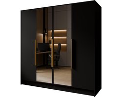 Kledingkast Goya II 200 cm met spiegel (zwart, gouden handgrepen)