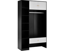Kledingkast Halkast Opbergkast multifunctioneel ruimtebesparend ontwerp met 1 lade 1 verborgen opbergkast 6 open vakken en kledingstang modern strak en stijlvol uiterlijk geschikt voor gang en slaapkamer 105×185×40cm zwart+wit