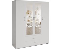 Kledingkast Jean Wit - MDF - Breedte 160 cm - Hoogte 185 cm - Diepte 52 cm - Met lades - Met hanggedeelte - Met planken - Met openslaande deuren