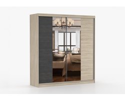 Kledingkast KALLAS Schuifdeurkast 2-deurs - 203x218x61 cm - Garderobekast met drie lades, Schuifdeuren Slaapkamer Woonkamerkast met legplanken, Kast met spiegel