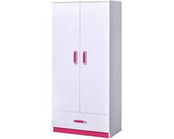 Kledingkast Kinderkamer - Garderobekast Tienerkamer - Kleding Opbergen - Twee Deuren - 90 x 189 cm - Wit Mat Roze