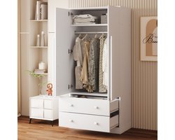 Kledingkast - Kledingkasten Slaapkamer - Garderobekast - 70x40x170 cm - Uitgerust met dubbele lades en dubbele deuren - Ingebouwde droogrek - Grote opslagcapaciteit - Moderne stijl - Wit