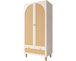 Kledingkast landelijke stijl - Garderobekast rotan - Kleding opbergen - Verstelbare planken - 180x85x52 cm - Wit