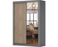 Kledingkast LINX 150 cm - 2-deurs schuifdeurkast met spiegel en houten latten - Garderobekast voor slaapkamer en woonkamer (Grijs)