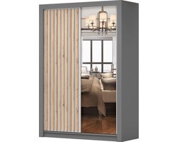Kledingkast LINX 150 cm - 2-deurs schuifdeurkast met spiegel en houten latten - Garderobekast voor slaapkamer en woonkamer (Grijs + Wit)