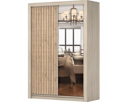 Kledingkast LINX 150 cm - 2-deurs schuifdeurkast met spiegel en houten latten - Garderobekast voor slaapkamer en woonkamer (Sonoma)