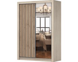 Kledingkast LINX 150 cm - 2-deurs schuifdeurkast met spiegel en houten latten - Garderobekast voor slaapkamer en woonkamer (Sonoma + Grijs)