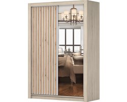 Kledingkast LINX 150 cm - 2-deurs schuifdeurkast met spiegel en houten latten - Garderobekast voor slaapkamer en woonkamer (Sonoma + Wit)
