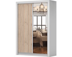 Kledingkast LINX 150 cm - 2-deurs schuifdeurkast met spiegel en houten latten - Garderobekast voor slaapkamer en woonkamer (Wit)
