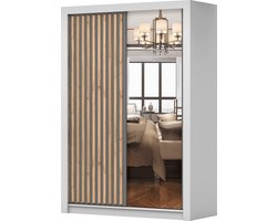Kledingkast LINX 150 cm - 2-deurs schuifdeurkast met spiegel en houten latten - Garderobekast voor slaapkamer en woonkamer (Wit + Grijs)