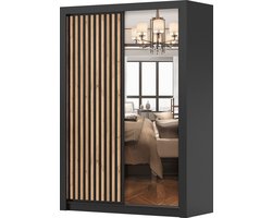 Kledingkast LINX 150 cm - 2-deurs schuifdeurkast met spiegel en houten latten - Garderobekast voor slaapkamer en woonkamer (Zwart)