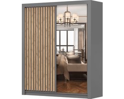 Kledingkast LINX 200 cm - 2-deurs schuifdeurkast met spiegel en houtlamellen - Moderne garderobekast voor slaapkamer of woonkamer (Grijs)