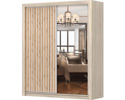 Kledingkast LINX 200 cm - 2-deurs schuifdeurkast met spiegel en houtlamellen - Moderne garderobekast voor slaapkamer of woonkamer (Sonoma + Wit)