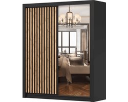 Kledingkast LINX 200 cm - 2-deurs schuifdeurkast met spiegel en houtlamellen - Moderne garderobekast voor slaapkamer of woonkamer (Zwart)