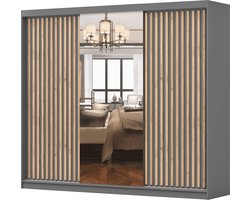Kledingkast LINX 250 cm - 3-deurs schuifdeurkast met spiegel en houten lamellen - Ruime garderobekast met schuifdeuren voor slaapkamer of woonkamer (Grijs)