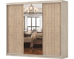 Kledingkast LINX 250 cm - 3-deurs schuifdeurkast met spiegel en houten lamellen - Ruime garderobekast met schuifdeuren voor slaapkamer of woonkamer (Sonoma)