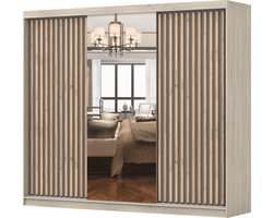 Kledingkast LINX 250 cm - 3-deurs schuifdeurkast met spiegel en houten lamellen - Ruime garderobekast met schuifdeuren voor slaapkamer of woonkamer (Sonoma + Grijs)
