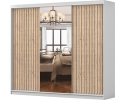 Kledingkast LINX 250 cm - 3-deurs schuifdeurkast met spiegel en houten lamellen - Ruime garderobekast met schuifdeuren voor slaapkamer of woonkamer (Wit + Sonoma)