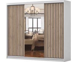 Kledingkast LINX 250 cm - 3-deurs schuifdeurkast met spiegel en houten lamellen - Ruime garderobekast met schuifdeuren voor slaapkamer of woonkamer (Weiß + Grijs)