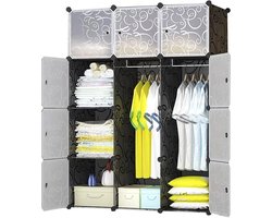 Kledingkast met 12 kubussen, garderobekast, steekreksysteem, kunststof kast met deuren en 2 hangers, diepere vakken dan normaal (45 cm vs. 35 cm) voor meer ruimte