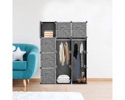 Kledingkast met 12 Opslagvakken - DIY Garderobekast (BxHxD): 140x105x35cm - Zwart - Kunststof - slaapkamer, woonkamer - Extra Grote Kleerkast - Modulaire Wandkast - Modern-stijl - 10KG Draagkracht - voor hangende kleding&ruimtebesparing