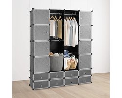 Kledingkast met 16 opbergvakken - DIY - Kledingkast opvouwbaar - 152x190x37cm - Om kleding op te hangen en ruimte te besparen - Kunststof - Zwart